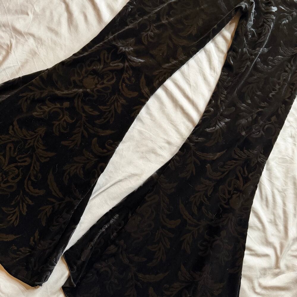 Black Velvet Damask Bell Bottom Pants Small/Medium Elastic Waist Lace Hem Boho - Picture 6 of 11